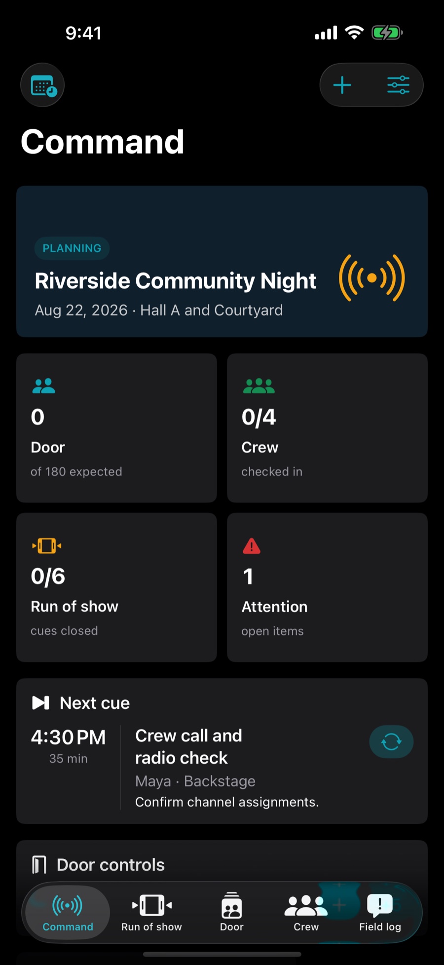 Events Tally command center showing the event status