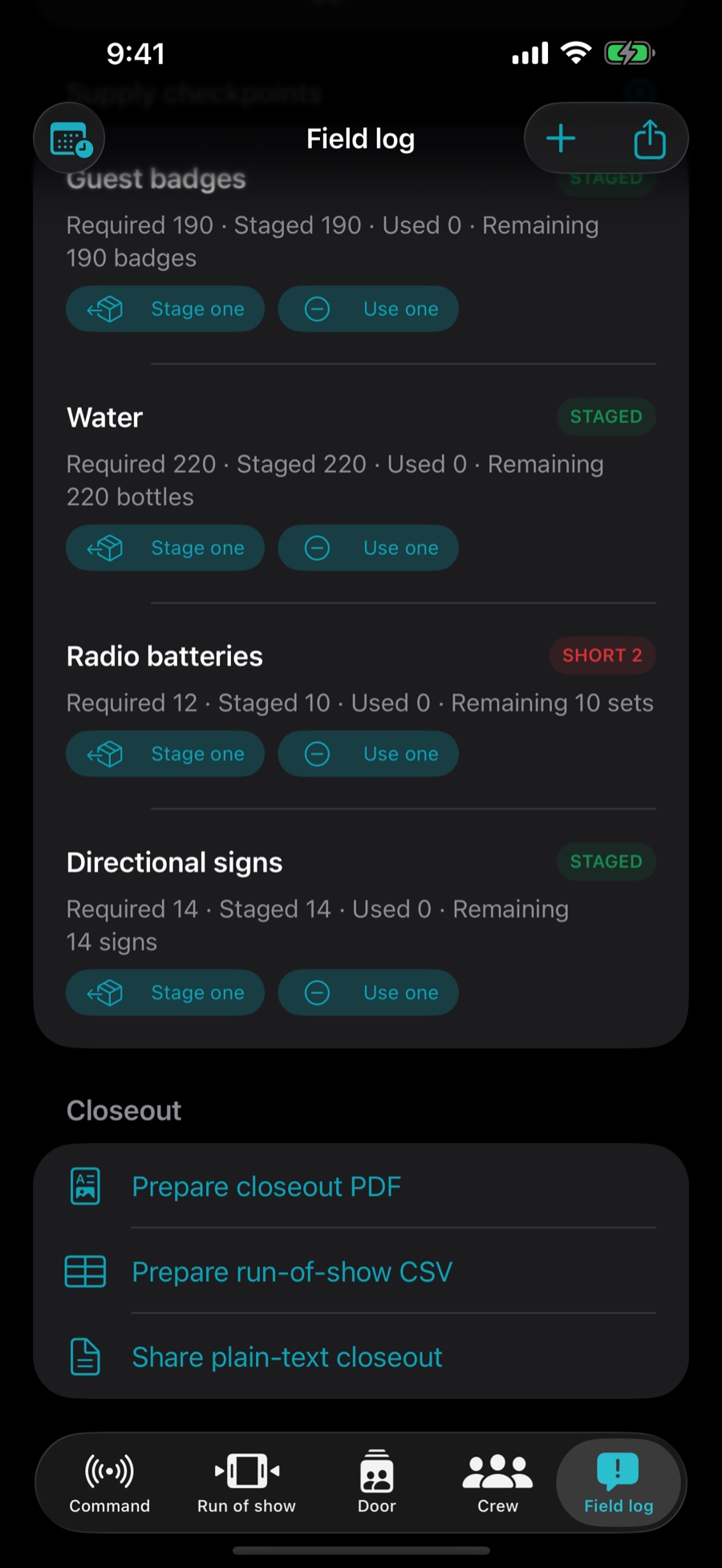 Events Tally field log with supply and incident records